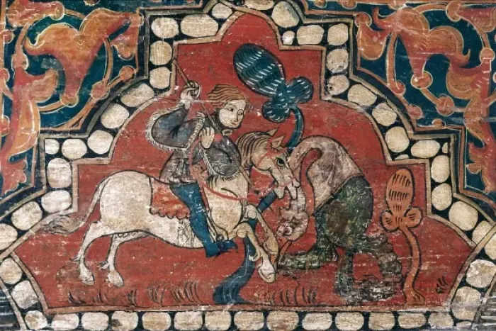 Framed Print : Panelled ceiling detail. The fight between a Framed Print : Panelled ceiling detail. The fight between a