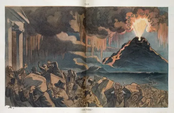 Framed Print : The panic. Illustration shows a crowd of capitalists on Wall Street fleeing Framed Print : The panic. Illustration shows a crowd of capitalists on Wall Street fleeing