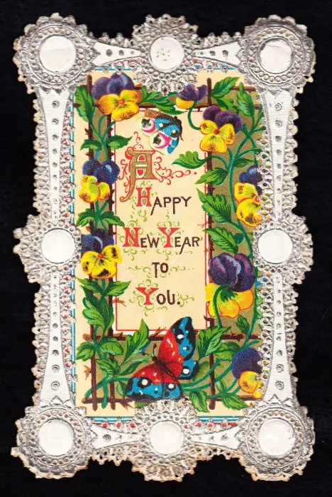 Framed Print : Pansies and butterflies on an ornate New Year card Framed Print : Pansies and butterflies on an ornate New Year card