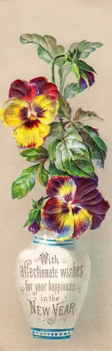Framed Print : Pansies in a vase on a New Year card Framed Print : Pansies in a vase on a New Year card