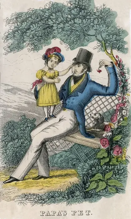 Framed Print : Papa's Pet - mid 19th century hand-coloured illustration Framed Print : Papa's Pet - mid 19th century hand-coloured illustration