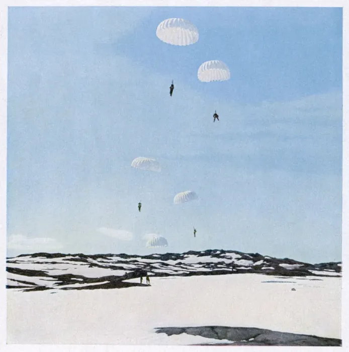 Framed Print : Parachute. German paratroopers land in Norway during World War Two Date: 1940