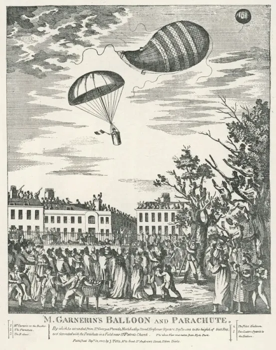 Framed Print : PARACHUTE. Jacques Garnerin demonstrates his parachute in London, ascending by balloon Framed Print : PARACHUTE. Jacques Garnerin demonstrates his parachute in London, ascending by balloon