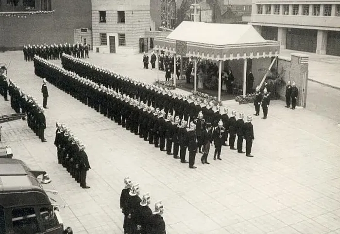 : Parade of firefighters at the opening of new Lambeth HQ : Parade of firefighters at the opening of new Lambeth HQ
