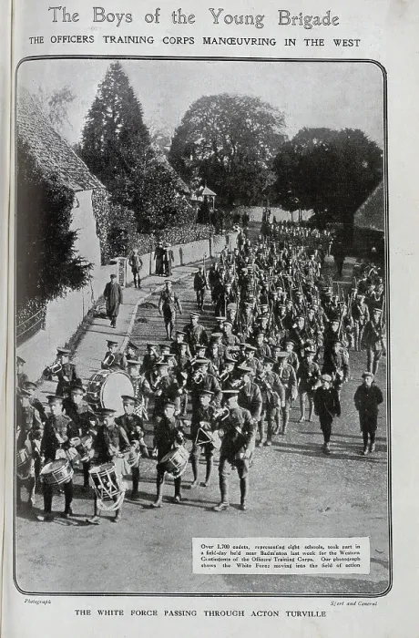 Framed Print : Parade of White Corps in Acton Turville, Western Contingent of The Officers Training Corps. Outdoor military photograph passing through village. Captioned, The Boys of the Young Brigade: The Officers Training Corps Manoeuvring In The West Framed Print : Parade of White Corps in Acton Turville, Western Contingent of The Officers Training Corps. Outdoor military photograph passing through village. Captioned, The Boys of the Young Brigade: The Officers Training Corps Manoeuvring In The West