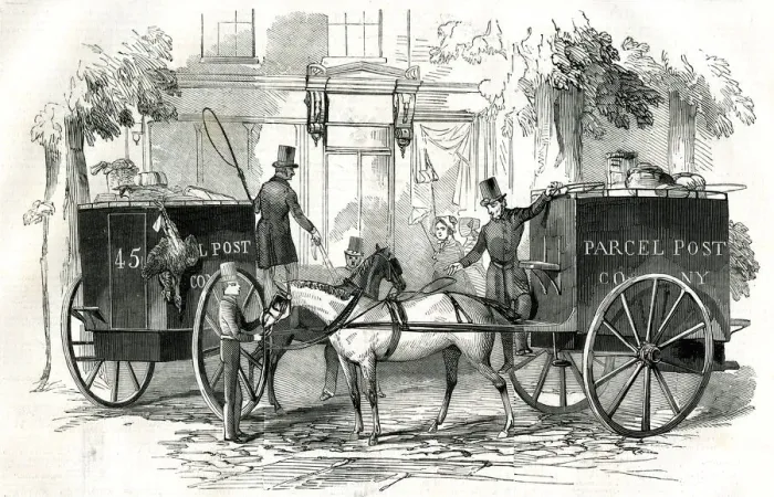 Framed Print : Parcel Post Drivers exchanging Carts, London Framed Print : Parcel Post Drivers exchanging Carts, London