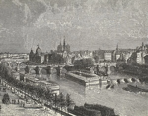 Paris on the banks of Seine river, 19th c. Engraving