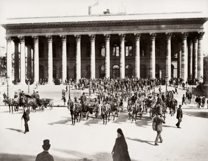 Framed Print : Paris Bourse, France c. 1890s with hackney carriages Framed Print : Paris Bourse, France c. 1890s with hackney carriages