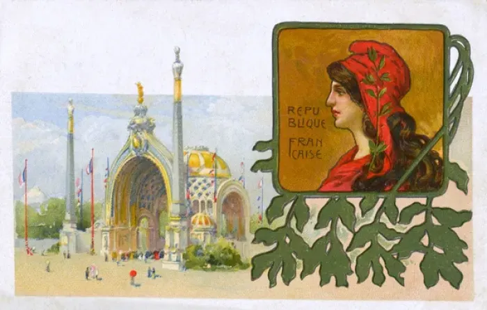 Framed Print : Paris Exposition of 1900 and inset portrait of Marianne Framed Print : Paris Exposition of 1900 and inset portrait of Marianne