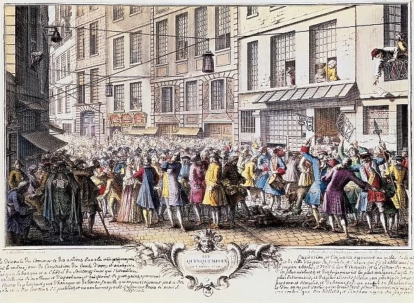 Paris. Rue Quinquempoix, 1720. Scene of panic