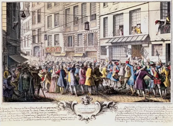 Framed Print : Paris. Rue Quinquempoix, 1720. Scene of panic Framed Print : Paris. Rue Quinquempoix, 1720. Scene of panic