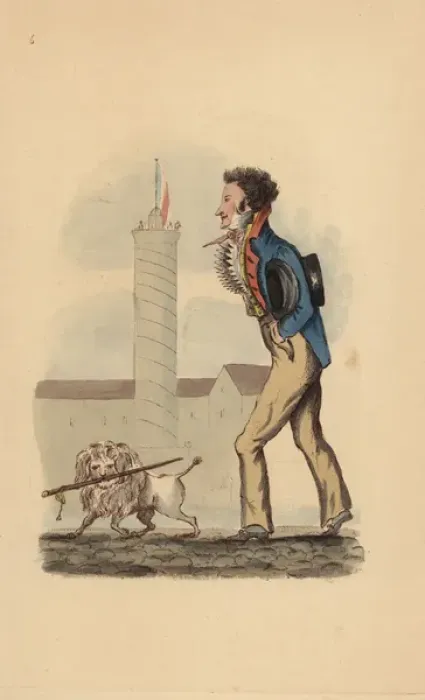 Framed Print : Parisian dandy with dog carrying a cane, circa 1815 Framed Print : Parisian dandy with dog carrying a cane, circa 1815