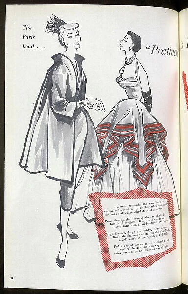 Parisian-inspired female fashion: a horseshoe-collared silk coat from Balmain and an evening dress from Desses. Date: 1954
