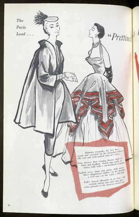 Framed Print : Parisian-inspired female fashion: a horseshoe-collared silk coat from Balmain and an evening dress from Desses. Date: 1954