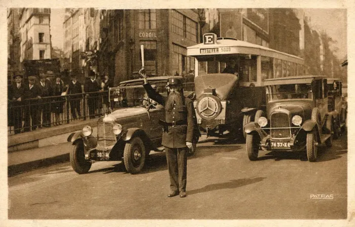 Framed Print : Parisian Officer directing traffic on Les Grand Boulevards Framed Print : Parisian Officer directing traffic on Les Grand Boulevards