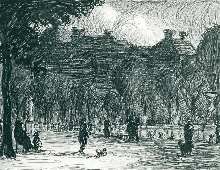 Framed Print : Park Land. An illustration of a town park, populated by a number of people Framed Print : Park Land. An illustration of a town park, populated by a number of people