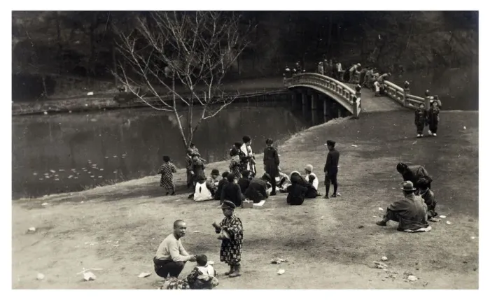 Framed Print : Park at Yokohama, Japan - late 1920s - the boys and men have adopted European Western dress, however, the women still wear traditional costume at this point. Date: 1929 Framed Print : Park at Yokohama, Japan - late 1920s - the boys and men have adopted European Western dress, however, the women still wear traditional costume at this point. Date: 1929
