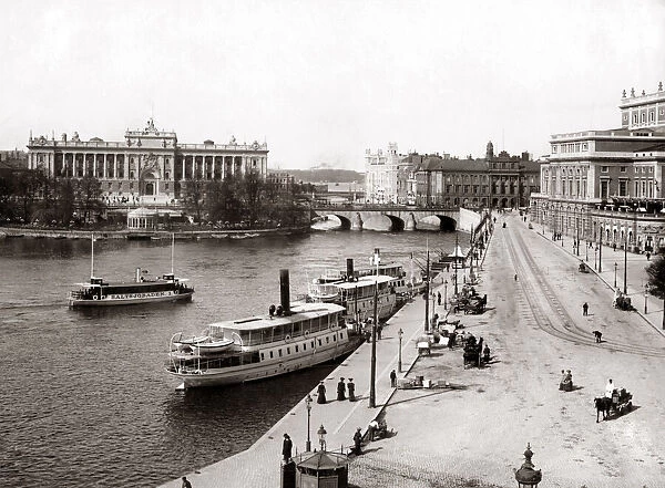 Parliament and waterfront, Stockholm, Sweden, circa 1890. Date: circa 1890