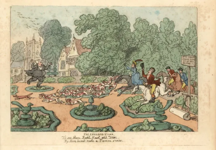 Framed Print : Parson cursing foxhunters and hounds trampling his garden Framed Print : Parson cursing foxhunters and hounds trampling his garden