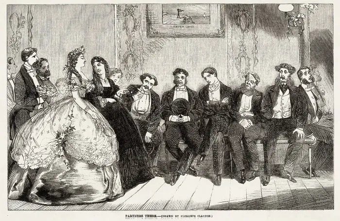 Framed Print : Partners there. Image in a series on the benefits of Australia over England, to encourage emigration. Ladies have a choice of partners in Australia. Date: 1863 Framed Print : Partners there. Image in a series on the benefits of Australia over England, to encourage emigration. Ladies have a choice of partners in Australia. Date: 1863
