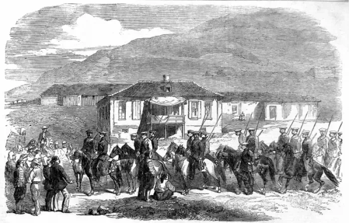 Framed Print : Party of Cossacks entering Kadikol, Crimean War, 1856 Framed Print : Party of Cossacks entering Kadikol, Crimean War, 1856
