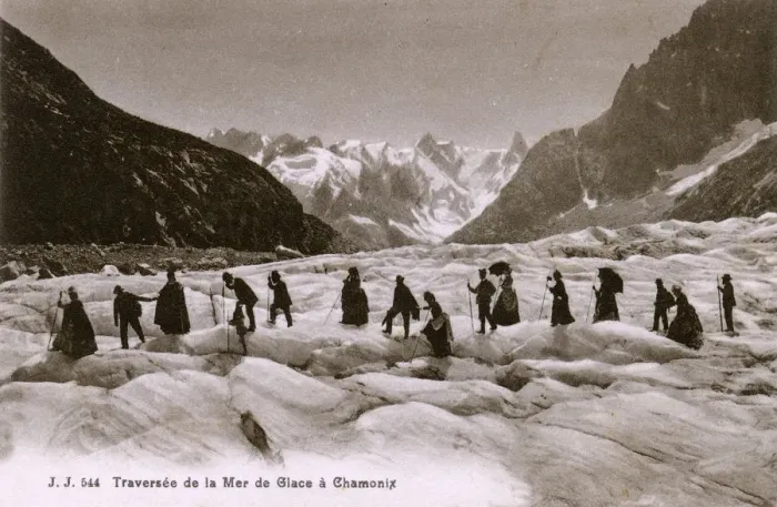 Framed Print : Party of men and women cross a glacier - Chamonix, France Framed Print : Party of men and women cross a glacier - Chamonix, France