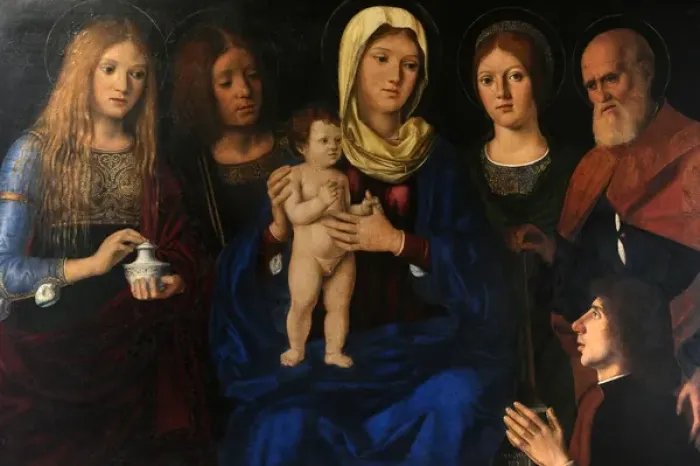Framed Print : Pasqualino Veneto. The Virgin and child with SS. Mary Magdal Framed Print : Pasqualino Veneto. The Virgin and child with SS. Mary Magdal