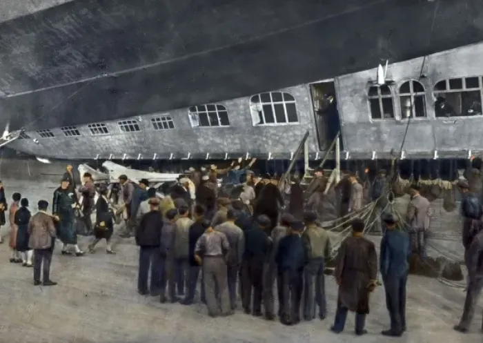 Framed Print : Passengers for the Graf Zeppelin LZ 127 colour tinted Framed Print : Passengers for the Graf Zeppelin LZ 127 colour tinted