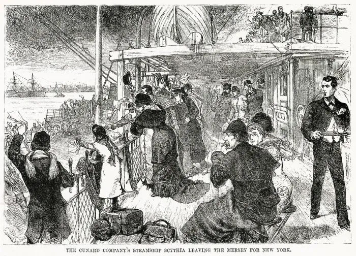 Framed Print : Passengers on the Scythia take their last look at Liverpool as the liner moves off down the Mersey en route for New York. Date: 1882 Framed Print : Passengers on the Scythia take their last look at Liverpool as the liner moves off down the Mersey en route for New York. Date: 1882