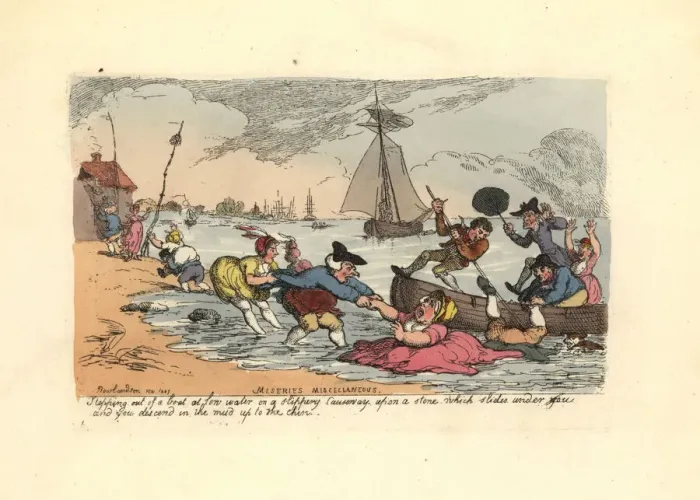 Framed Print : Passengers slipping and falling into the river mud Framed Print : Passengers slipping and falling into the river mud