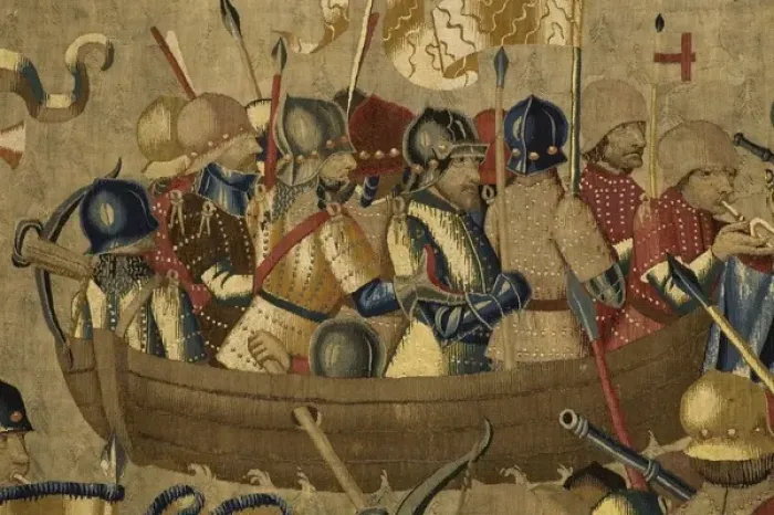 Framed Print : Pastrana Tapestries, 1471 c Disembarkation in Asilah Framed Print : Pastrana Tapestries, 1471 c Disembarkation in Asilah