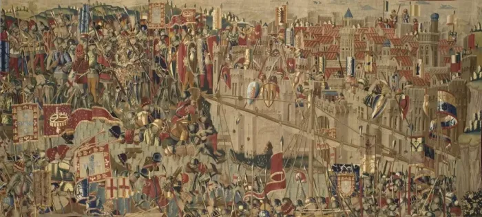 Framed Print : Pastrana Tapestries, 1471 c Disembarkation in Asilah Framed Print : Pastrana Tapestries, 1471 c Disembarkation in Asilah