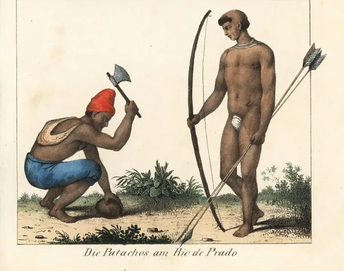 Framed Print : Patachos man opening a coconut, and hunter Framed Print : Patachos man opening a coconut, and hunter