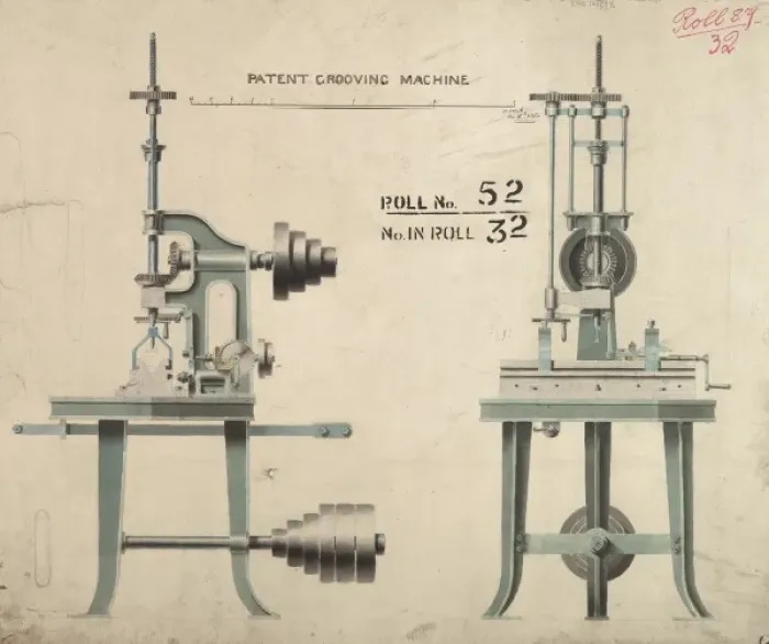 Framed Print : Patent grooving machine, front and side elevations Framed Print : Patent grooving machine, front and side elevations