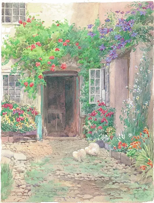 Framed Print : Path up to house with flowers trailing along wall etc Framed Print : Path up to house with flowers trailing along wall etc