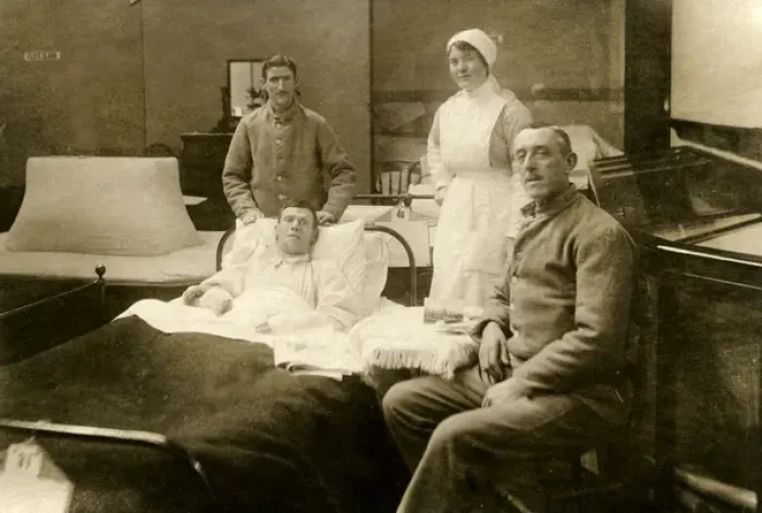 Framed Print : Three Patients (one in bed) with nurses Framed Print : Three Patients (one in bed) with nurses