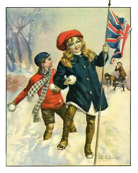 Patriotic children snowballing