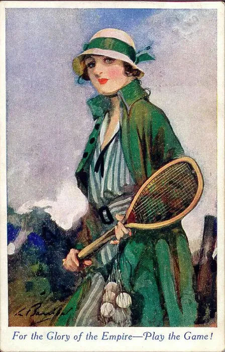 Framed Print : Patriotic postcard, For the Glory of the Empire - Play the Game! Elegant woman with tennis racket. Date: early 20th century Framed Print : Patriotic postcard, For the Glory of the Empire - Play the Game! Elegant woman with tennis racket. Date: early 20th century