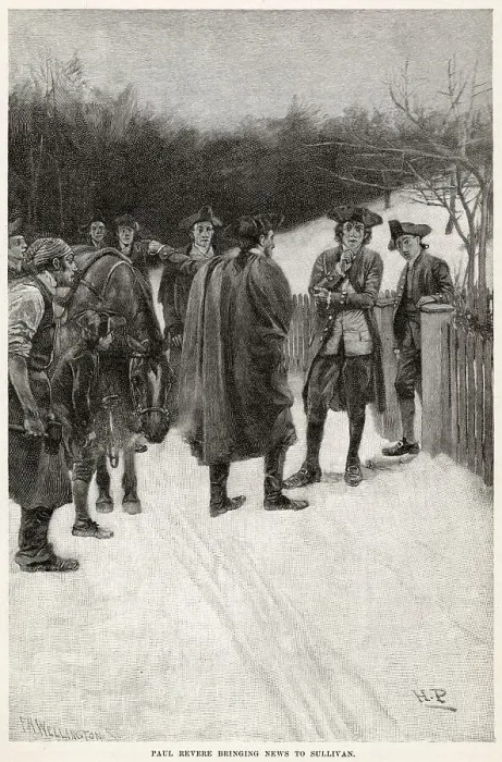 Framed Print : Paul Revere tells Sullivan news which leads him to attack Fort William & Mary Date: 13 December 1774 Framed Print : Paul Revere tells Sullivan news which leads him to attack Fort William & Mary Date: 13 December 1774