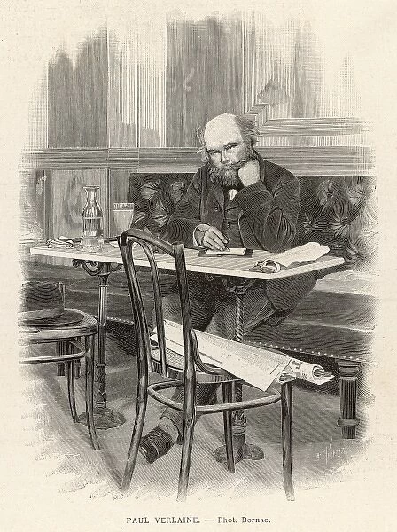 Paul Verlaine, French poet, writing at a cafe table