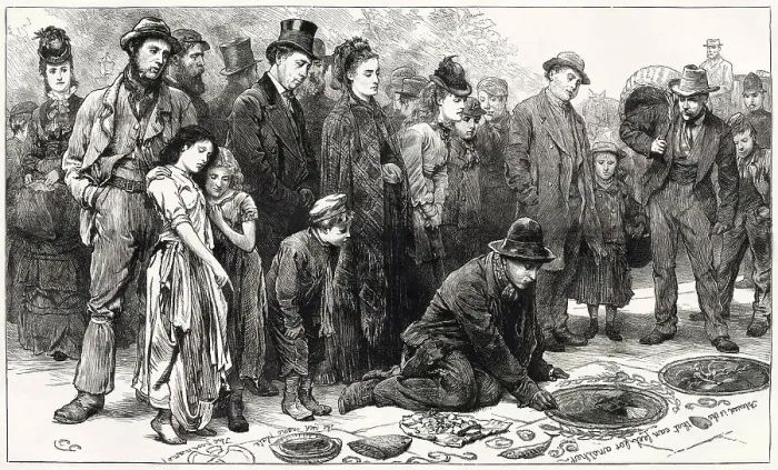 Framed Print : Pavement artist drawing with chalk on the streets of London, with a curious crowd around him. Date: 1874 Framed Print : Pavement artist drawing with chalk on the streets of London, with a curious crowd around him. Date: 1874