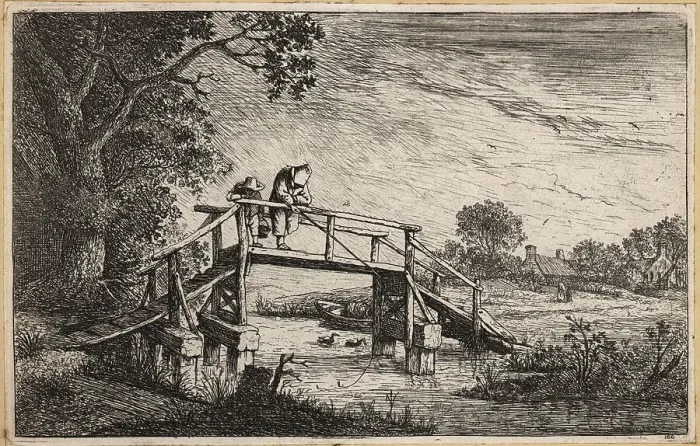 Framed Print : Peasant with fishing rod on a wooden bridge over a stream Framed Print : Peasant with fishing rod on a wooden bridge over a stream