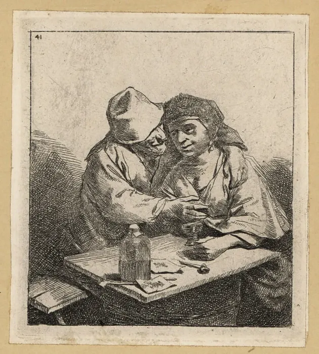 Framed Print : Two peasant lovers embracing at a tavern table, 17th century Framed Print : Two peasant lovers embracing at a tavern table, 17th century