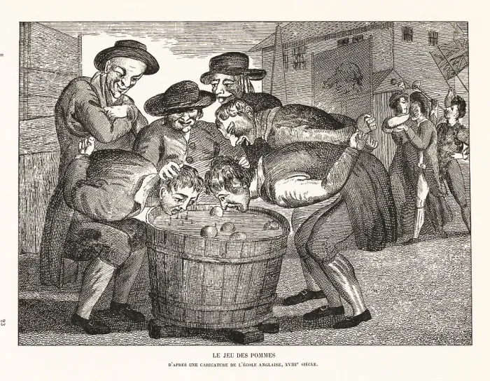 Framed Print : Peasants ducking for apples in a barrel, 18th century Framed Print : Peasants ducking for apples in a barrel, 18th century