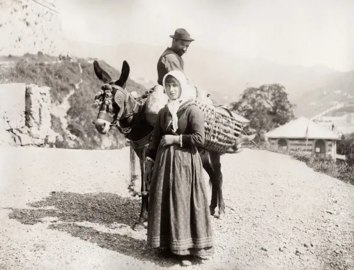 Framed Print : Peasants farmers and pack mule, probably France or Italy Framed Print : Peasants farmers and pack mule, probably France or Italy