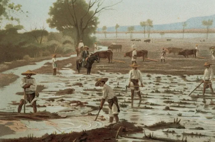 Framed Print : Peasants working agricultural land supervised by the foreman Framed Print : Peasants working agricultural land supervised by the foreman