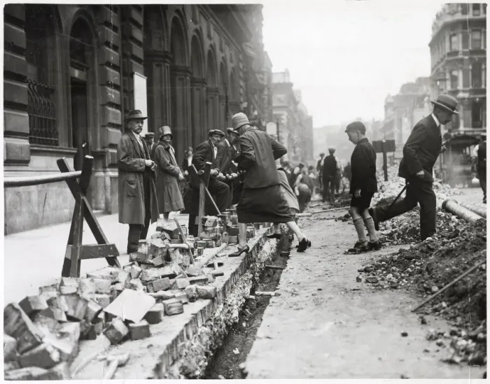 Framed Print : Pedestrians clamber over street roadworks in Piccadilly in a rather dangerous manner by Framed Print : Pedestrians clamber over street roadworks in Piccadilly in a rather dangerous manner by