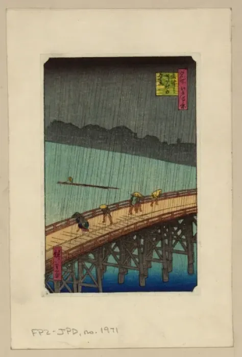 Framed Print : Pedestrians crossing a bridge during a rain storm Framed Print : Pedestrians crossing a bridge during a rain storm