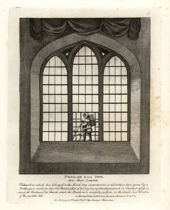 Framed Print : Pedlar and his dog in the window of Saint Mary-at-Lambeth Framed Print : Pedlar and his dog in the window of Saint Mary-at-Lambeth