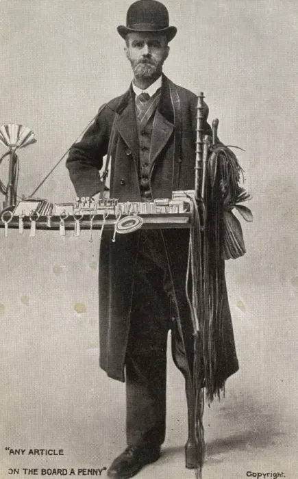 Framed Print : Peg-leg peddlar with his tray of items for sale Framed Print : Peg-leg peddlar with his tray of items for sale
